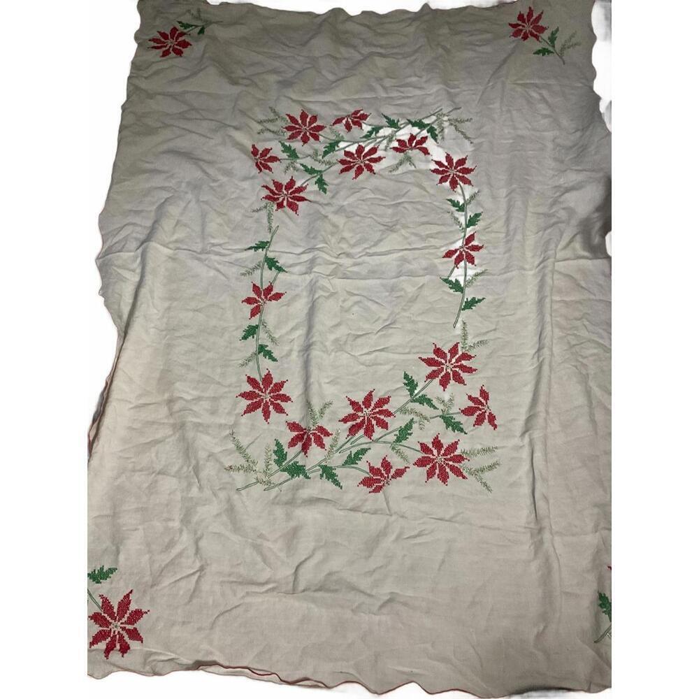 Handcrafted White Holiday Tablecloth with Red Poinsettia Cross stitch Embroidery